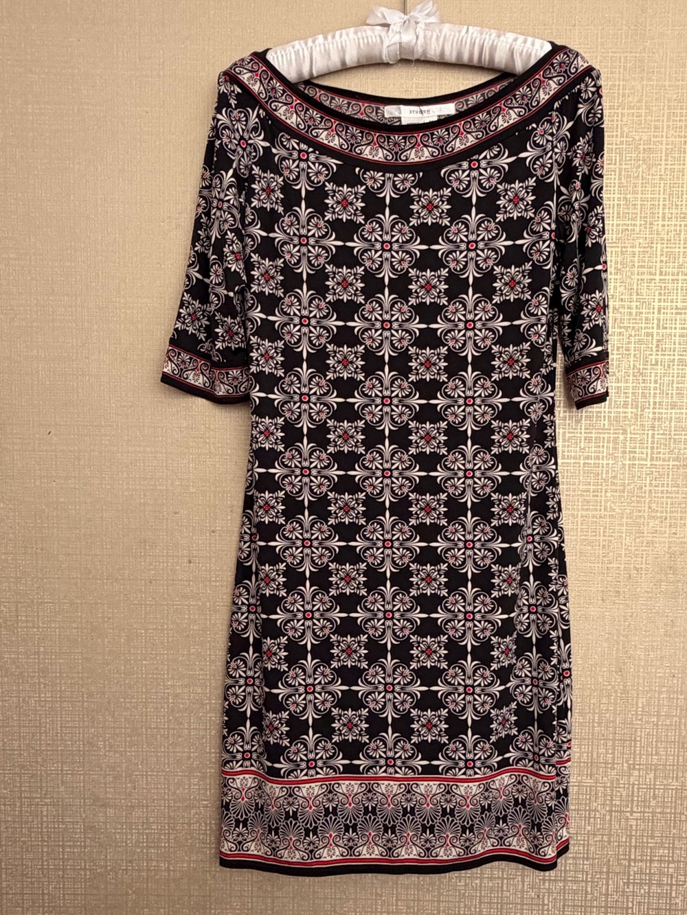 Studio M Black Midi Dress with White and Red Geometric Print